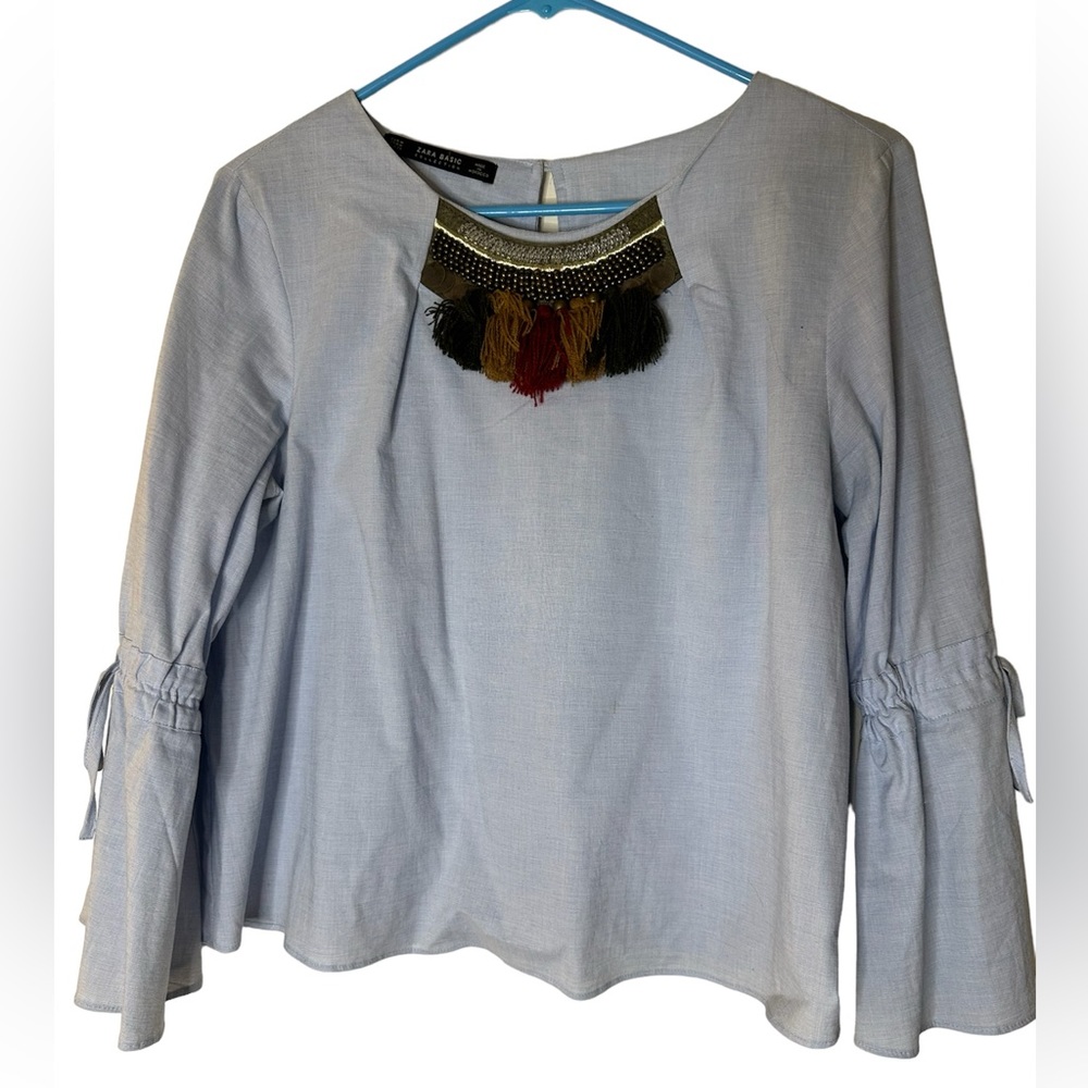 Zara Basic Embellished Neckline Blouse with Tie Sleeves - Medium